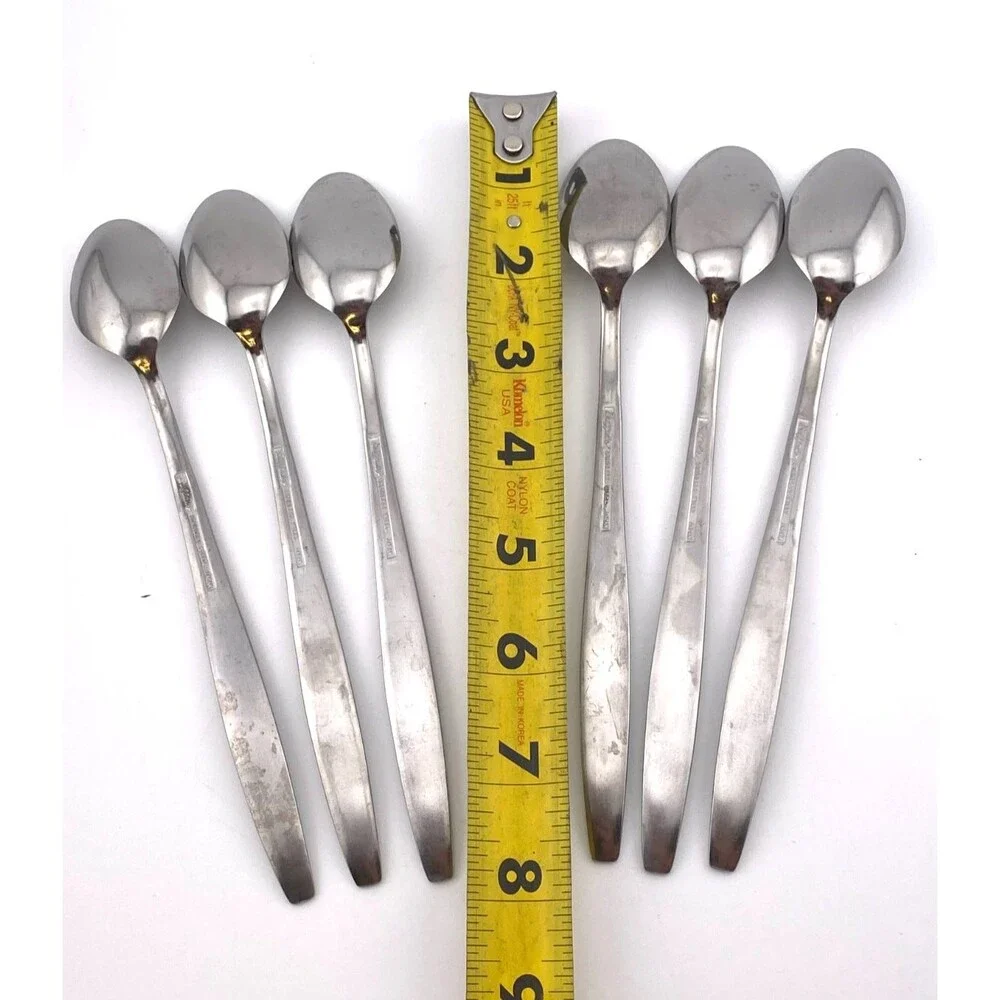 Vtg BUFFALO JAPAN Stainless 6pc Long Dessert Drink Spoons Flatware Silverware